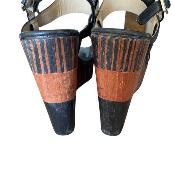 Jimmy Choo Black Leather Brown Wooden Heel Wedge Slingback Sandals size 40 9.5 - Picture 5 of 9